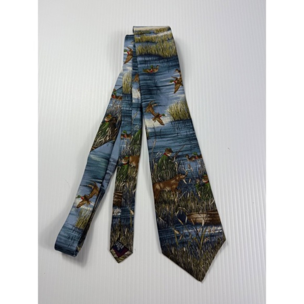 Lands' End Silk Necktie Ducks Hunting Scene Hand Sewn USA‎ Made Men's Tie
